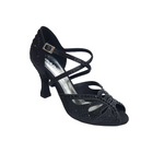 Carica immagine nella Galleria, DADA DIAMOND BLACK QC (L55) - SCARPA DA BALLO DA DONNA IN RASO SETA NERO CON SWAROVSKI NERI CINTURINO INCROCIATO SUL COLLOPIEDE TACCO A ROCCHETTO
