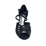 Carica immagine nella Galleria, DADA DIAMOND BLACK QC (L55) - SCARPA DA BALLO DA DONNA IN RASO SETA NERO CON SWAROVSKI NERI CINTURINO INCROCIATO SUL COLLOPIEDE TACCO A ROCCHETTO
