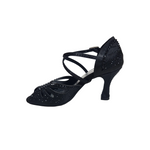 Carica immagine nella Galleria, DADA DIAMOND BLACK QC (L55) - SCARPA DA BALLO DA DONNA IN RASO SETA NERO CON SWAROVSKI NERI CINTURINO INCROCIATO SUL COLLOPIEDE TACCO A ROCCHETTO
