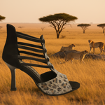 Carica immagine nella Galleria, SESHAT Leopard Swarovki (460F) - Sandalo da Donna in Camoscio Nero Elastici Neri con Livrea Leopardo in Swarovski Bianchi Neri Champagne e Oro e tacco a Rocchettino Smaltato Nero
