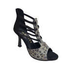 Carica immagine nella Galleria, SESHAT Leopard Swarovki (460F) - Sandalo da Donna in Camoscio Nero Elastici Neri con Livrea Leopardo in Swarovski Bianchi Neri Champagne e Oro e tacco a Rocchettino Smaltato Nero
