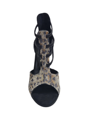 Carica immagine nella Galleria, SESHAT Leopard Swarovki (460F) - Sandalo da Donna in Camoscio Nero Elastici Neri con Livrea Leopardo in Swarovski Bianchi Neri Champagne e Oro e tacco a Rocchettino Smaltato Nero