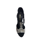 Carica immagine nella Galleria, SESHAT Leopard Swarovki (460F) - Sandalo da Donna in Camoscio Nero Elastici Neri con Livrea Leopardo in Swarovski Bianchi Neri Champagne e Oro e tacco a Rocchettino Smaltato Nero
