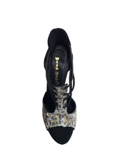 Carica immagine nella Galleria, SESHAT Leopard Swarovki (460F) - Sandalo da Donna in Camoscio Nero Elastici Neri con Livrea Leopardo in Swarovski Bianchi Neri Champagne e Oro e tacco a Rocchettino Smaltato Nero