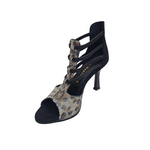 Carica immagine nella Galleria, SESHAT Leopard Swarovki (460F) - Sandalo da Donna in Camoscio Nero Elastici Neri con Livrea Leopardo in Swarovski Bianchi Neri Champagne e Oro e tacco a Rocchettino Smaltato Nero
