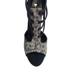 Carica immagine nella Galleria, SESHAT Leopard Swarovki (460F) - Sandalo da Donna in Camoscio Nero Elastici Neri con Livrea Leopardo in Swarovski Bianchi Neri Champagne e Oro e tacco a Rocchettino Smaltato Nero
