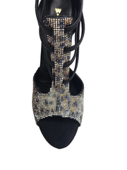 Carica immagine nella Galleria, SESHAT Leopard Swarovki (460F) - Sandalo da Donna in Camoscio Nero Elastici Neri con Livrea Leopardo in Swarovski Bianchi Neri Champagne e Oro e tacco a Rocchettino Smaltato Nero