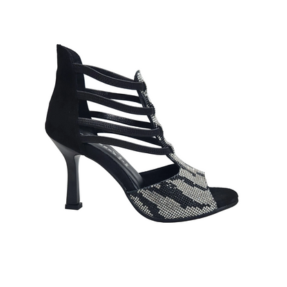 Sandalo da donna ZEBRAS Swarovski Wish Dance Shop con camoscio nero, elastici, dettagli leopardati e tacco smaltato nero.