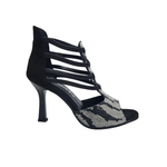 Carica immagine nella Galleria, ZEBRAS Swarovki (460F) - Sandalo da Donna in Camoscio Nero Elastici Neri con Livrea Leopardo in Swarovski Bianchi  e Neri  tacco a Rocchettino Smaltato Nero
