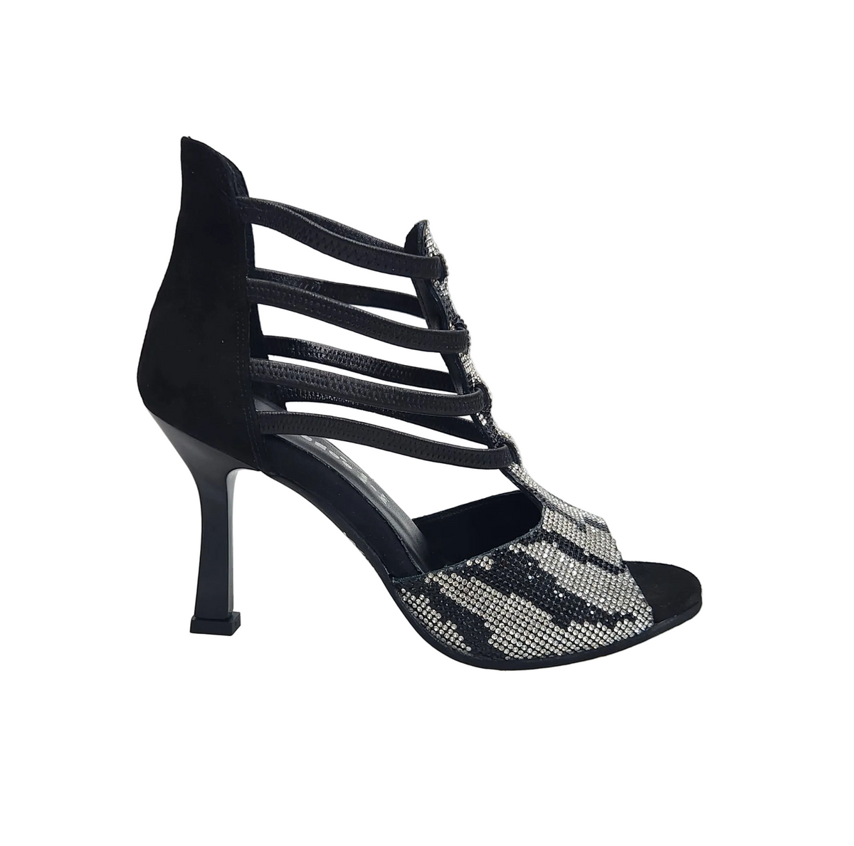 Sandalo donna Zebras Swarovski in camoscio nero con elastici, dettagli leopardo e tacco a rocchetto smaltato nero.