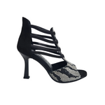 Carica immagine nella Galleria, ZEBRAS Swarovki (460F) - Sandalo da Donna in Camoscio Nero Elastici Neri con Livrea Leopardo in Swarovski Bianchi  e Neri  tacco a Rocchettino Smaltato Nero
