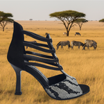 Carica immagine nella Galleria, ZEBRAS Swarovki (460F) - Sandalo da Donna in Camoscio Nero Elastici Neri con Livrea Leopardo in Swarovski Bianchi  e Neri  tacco a Rocchettino Smaltato Nero
