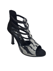 Carica immagine nella Galleria, ZEBRAS Swarovki (460F) - Sandalo da Donna in Camoscio Nero Elastici Neri con Livrea Leopardo in Swarovski Bianchi  e Neri  tacco a Rocchettino Smaltato Nero