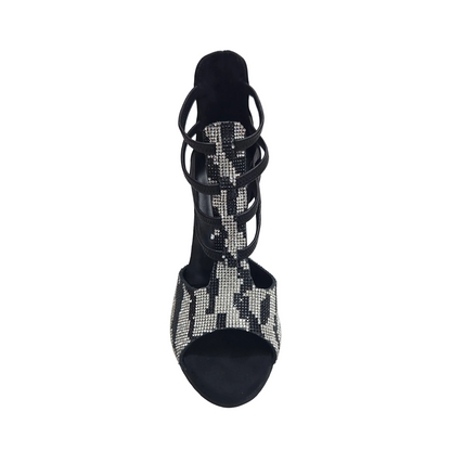 Sandalo donna ZEBRAS Swarovski Wish Dance Shop in camoscio nero, elastici, dettaglio leopardato, tacco smaltato nero, Swarovski bianchi e neri