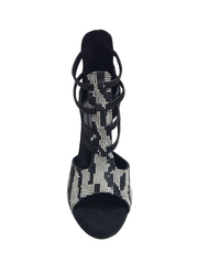 Carica immagine nella Galleria, ZEBRAS Swarovki (460F) - Sandalo da Donna in Camoscio Nero Elastici Neri con Livrea Leopardo in Swarovski Bianchi  e Neri  tacco a Rocchettino Smaltato Nero