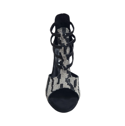 Sandalo donna ZEBRAS Swarovski Wish Dance Shop in camoscio nero, elastici neri, livrea leopardo e tacco smaltato nero