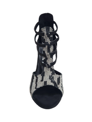 Carica immagine nella Galleria, ZEBRAS Swarovki (460F) - Sandalo da Donna in Camoscio Nero Elastici Neri con Livrea Leopardo in Swarovski Bianchi  e Neri  tacco a Rocchettino Smaltato Nero