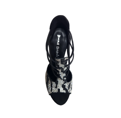 Sandalo donna ZEBRAS Swarovski Wish Dance Shop in camoscio nero con elastici e dettagli leopardo, tacco a rocchetto smaltato nero