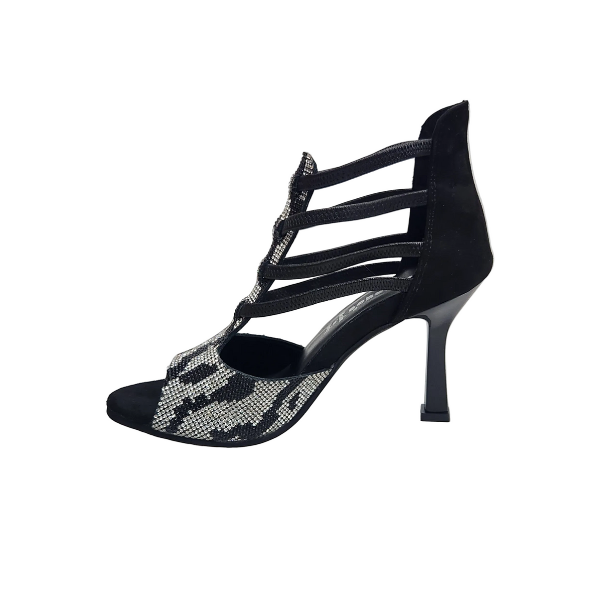 Sandalo da donna ZEBRAS Swarovski nero con elastici, leopardato bianco e nero, tacco a rocchetto smaltato nero, Wish Dance Shop