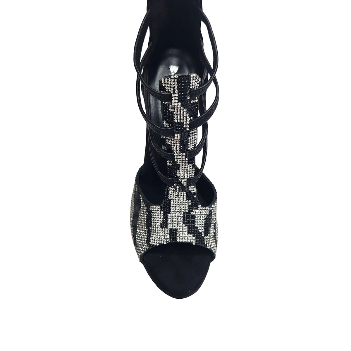 Sandali da donna ZEBRAS Swarovki Wish Dance Shop in camoscio nero con elastici e dettagli leopardati, tacco a rocchetto smaltato nero