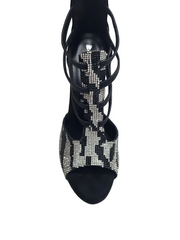 Carica immagine nella Galleria, ZEBRAS Swarovki (460F) - Sandalo da Donna in Camoscio Nero Elastici Neri con Livrea Leopardo in Swarovski Bianchi  e Neri  tacco a Rocchettino Smaltato Nero