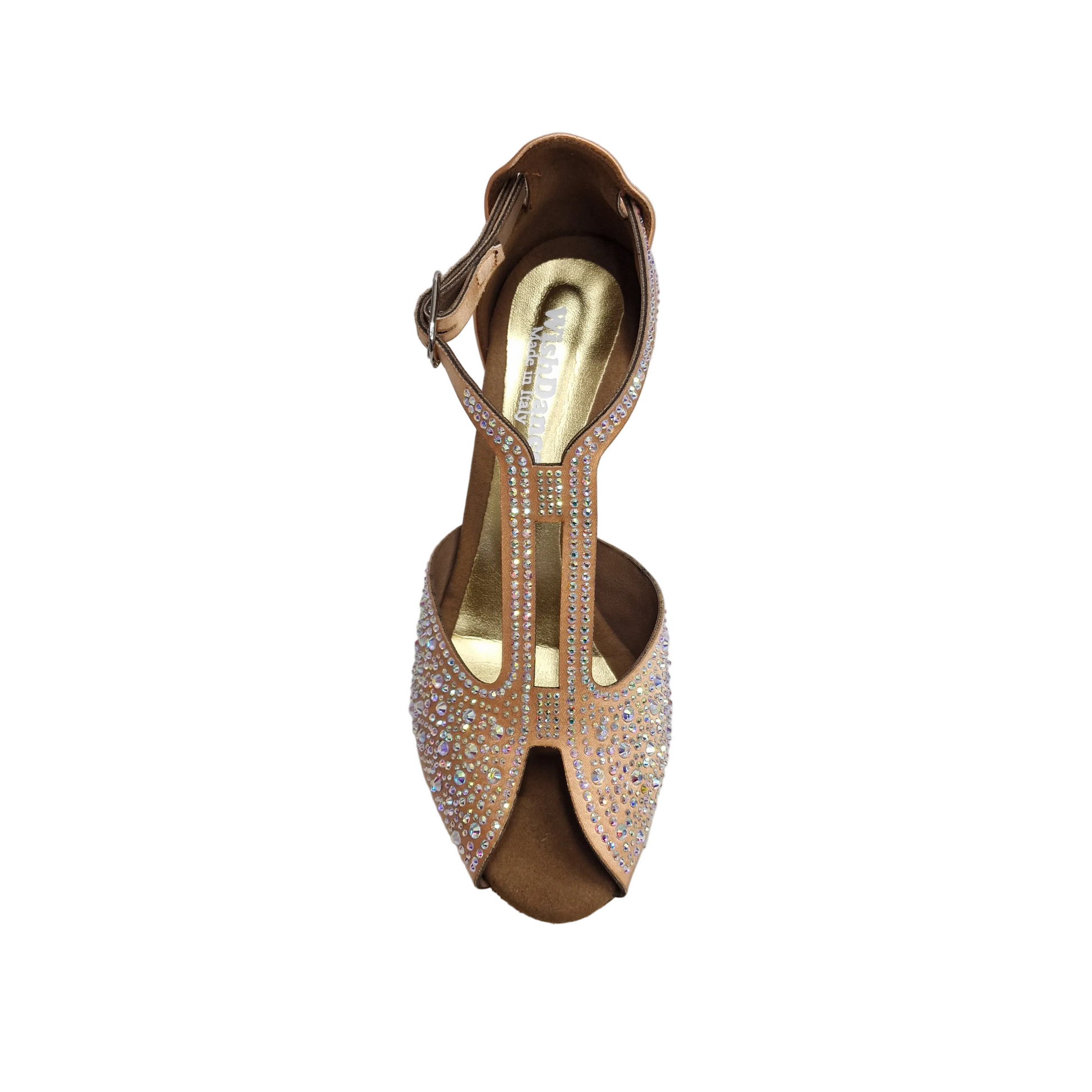 Scarpa da donna Miriam Temptation Plus in raso seta carne con Swarovski Boreali e tacco a rocchetto, elegante e raffinata.