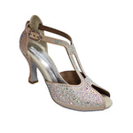 Load image into Gallery viewer, MIRIAM Temptation Plus (L6) - Scarpa Da Donna in Raso Seta Rosa Cipria con Swarovski Boreali e Tacco a Rocchetto
