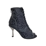 Carica immagine nella Galleria, ALEXIS Silver Black (Art. 132) - Mezzo Stivaletto con Zip in Sunseet Canna di Fucile Tacco a Stiletto Squadrato Sottile in Alluminio Laminato Grigio Canna di Fucile
