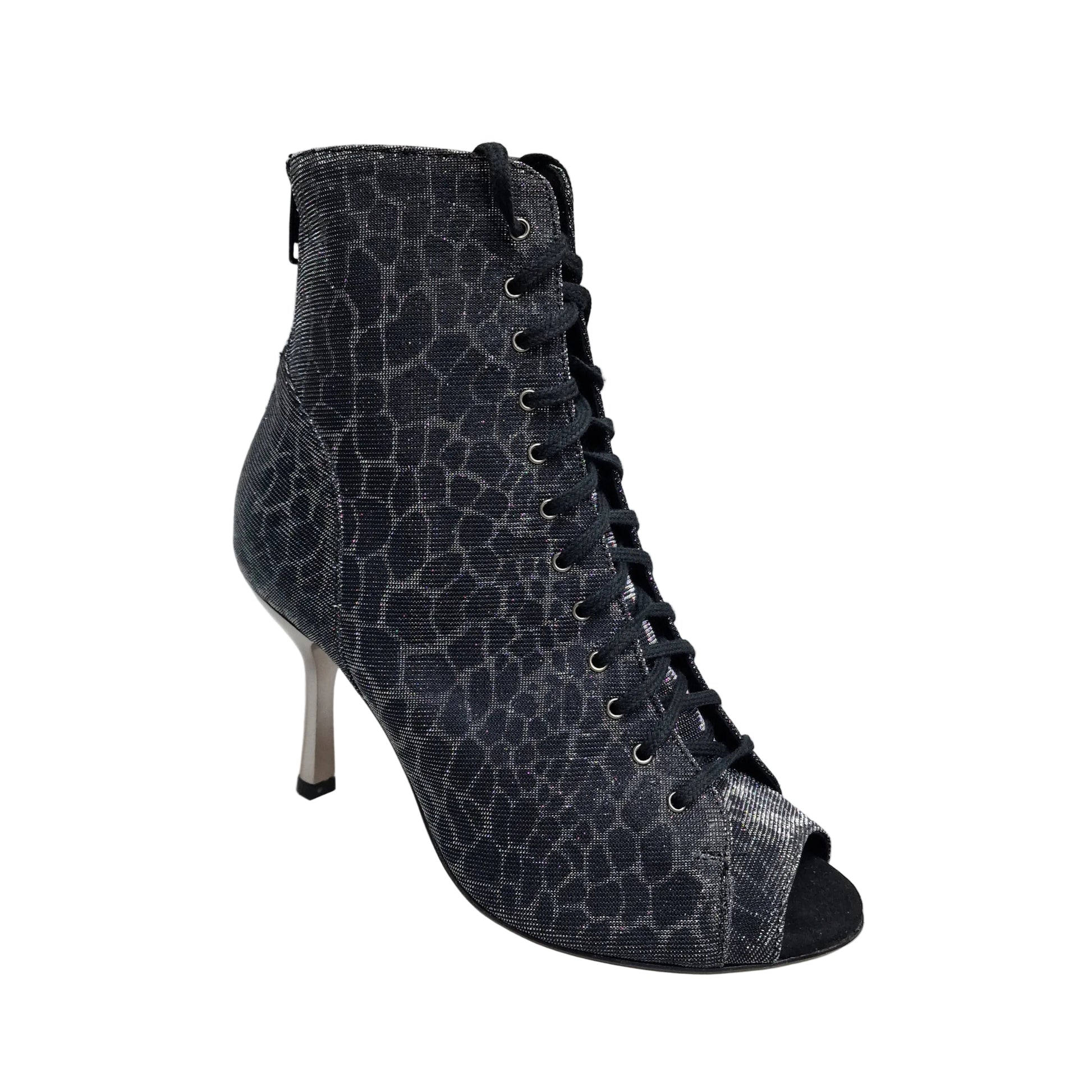 Stivaletto Wish Dance Shop ALEXIS Silver Black in canna di fucile, con zip, tacco a stiletto squadrato in alluminio laminato grigio