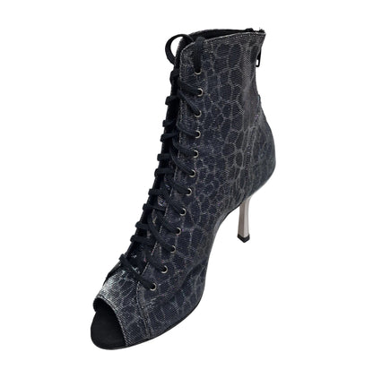 Stivaletto Wish Dance Shop ALEXIS Silver Black con zip, tacco squadrato in alluminio laminato grigio e dettagli Canna di Fucile