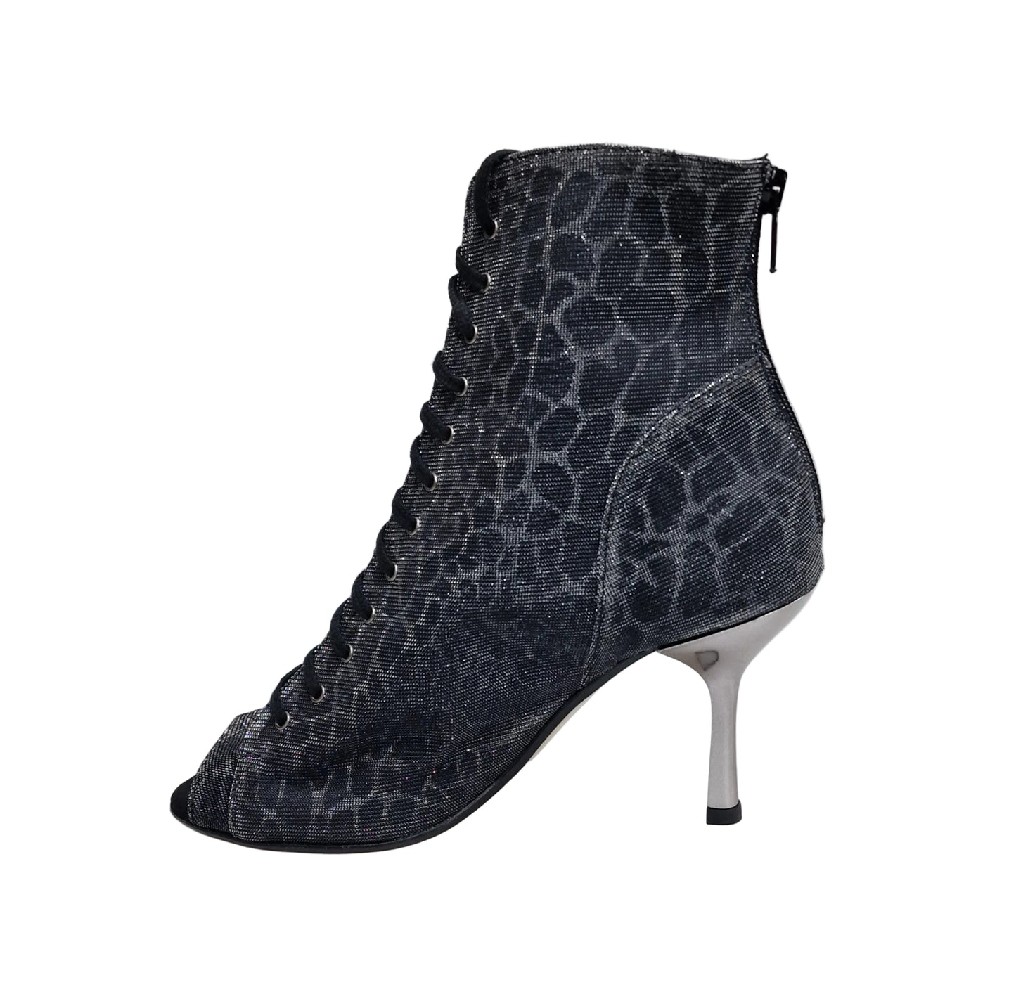 Stivaletto Wish Dance Shop Alexis Silver Black con zip, tacco a stiletto squadrato, in alluminio laminato grigio e canna di fucile.