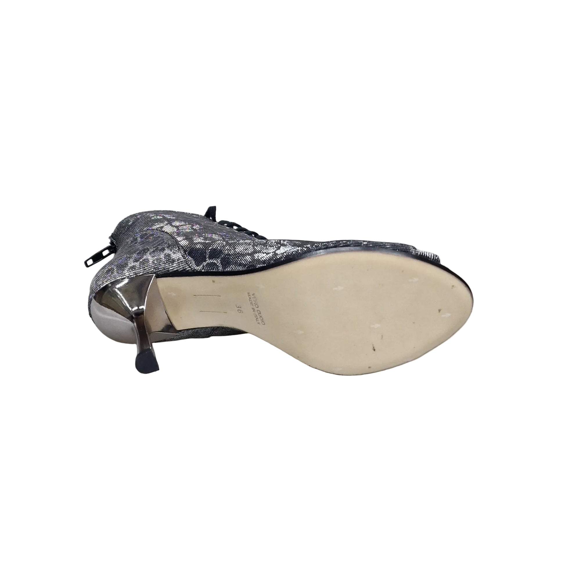 Stivaletto Wish Dance Shop Alexis Silver Black con zip, tacco stiletto squadrato in alluminio grigio e canna di fucile