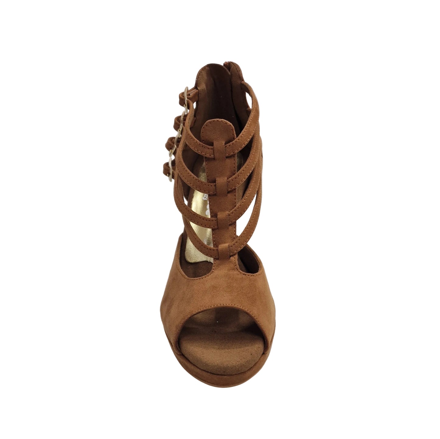 Scarpa da donna Wish Dance Shop Lussuria in camoscio marrone cognac con tacco alto a spillo largo e plateau laminato oro