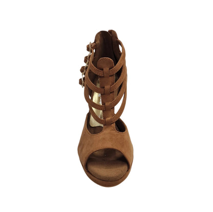 Scarpa da donna Wish Dance Shop Lussuria in camoscio marrone cognac con tacco alto a spillo largo e plateau laminato oro