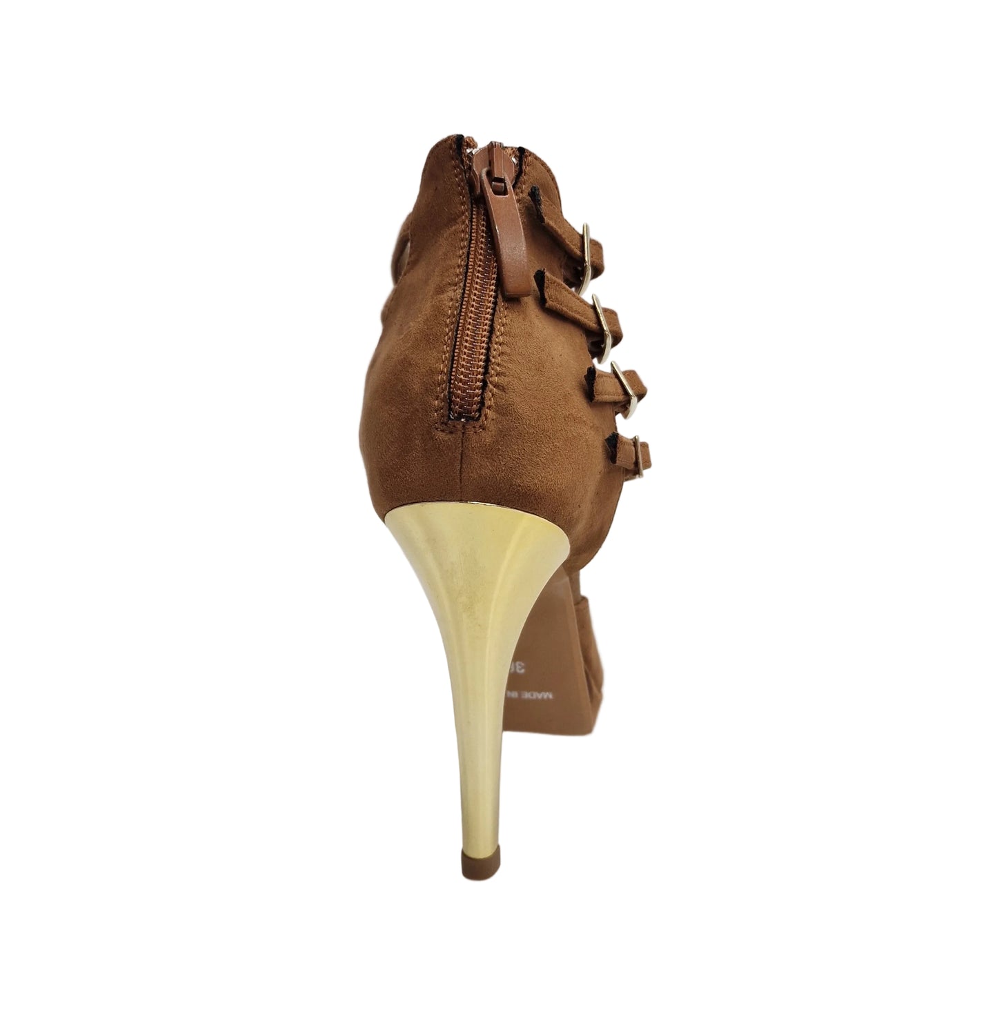Scarpa da donna Wish Dance Shop Lussuria in camoscio marrone cognac con tacco alto a spillo largo, laminato oro e plateau confortevole.