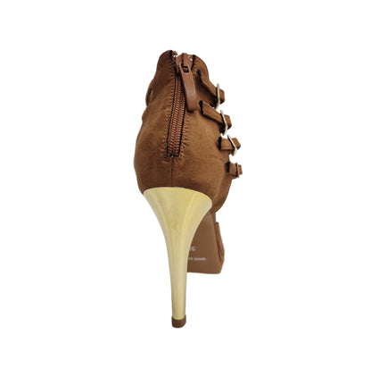 Scarpa da donna Wish Dance Shop Lussuria in camoscio marrone cognac con tacco alto a spillo largo, laminato oro e plateau confortevole.