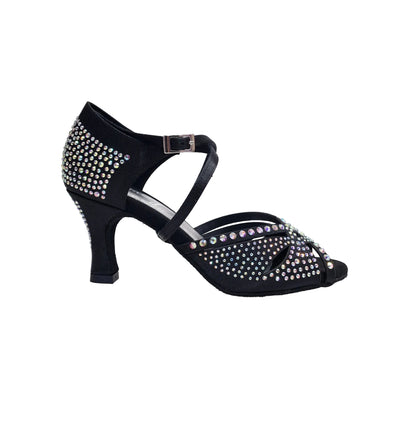 Scarpa da ballo in raso seta nero SAMIRA (L19) con Swarovski Boreali e tacco basso a rocchetto, ideale per ballo elegante.