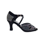 Carica immagine nella Galleria, SAMIRA (L19) - Scarpa da Ballo in Raso Seta Nero Con Swarovski Boreali e Tacco Basso a Rocchetto
