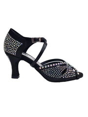 Carica immagine nella Galleria, SAMIRA (L19) - Scarpa da Ballo in Raso Seta Nero Con Swarovski Boreali e Tacco Basso a Rocchetto