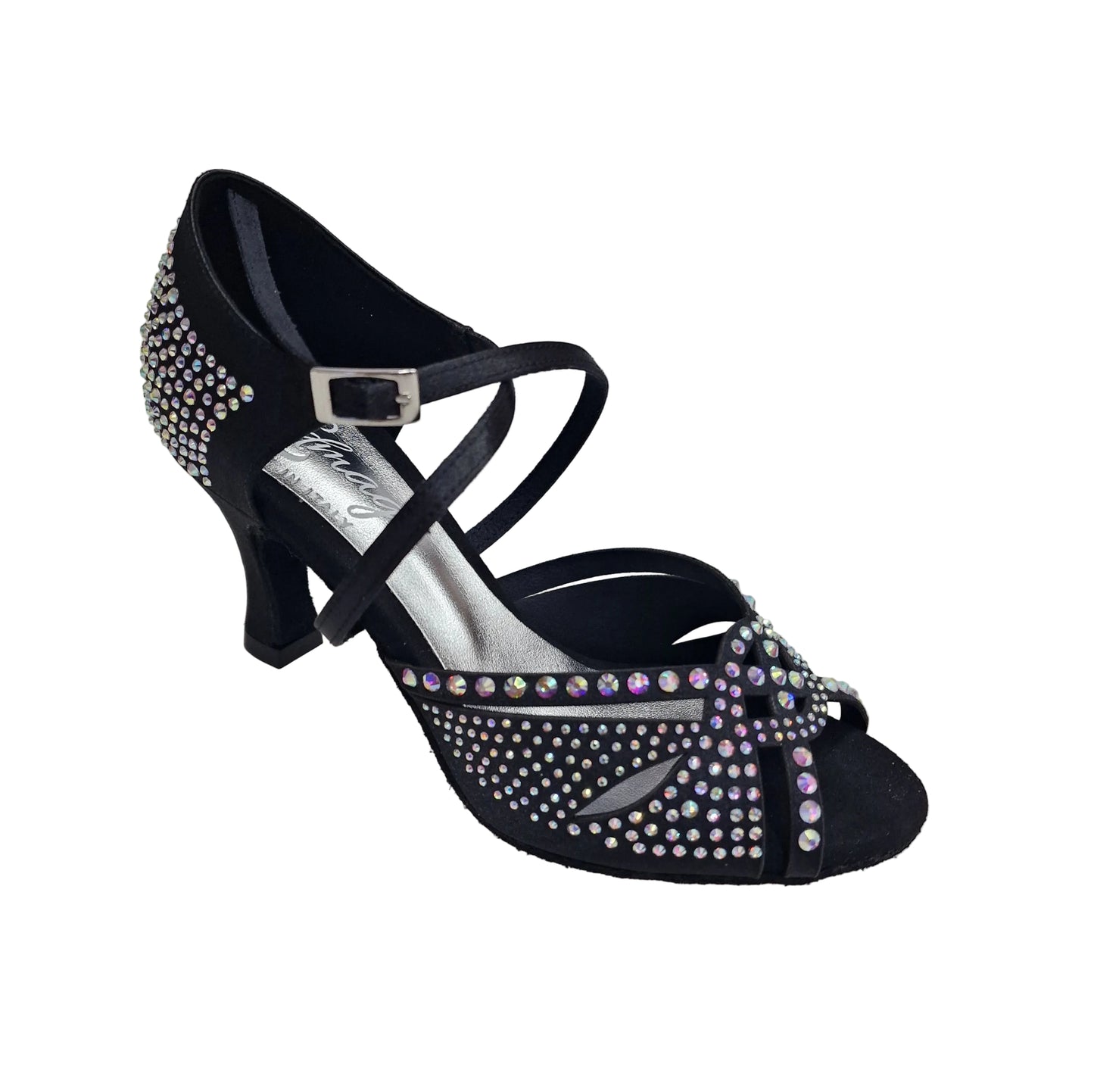 Scarpa da ballo in raso seta nero SAMIRA (L19) con Swarovski Boreali e tacco basso a rocchetto, Wish Dance Shop