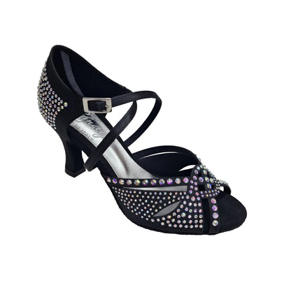 Scarpa da ballo in raso seta nero SAMIRA (L19) con Swarovski Boreali e tacco basso a rocchetto, Wish Dance Shop