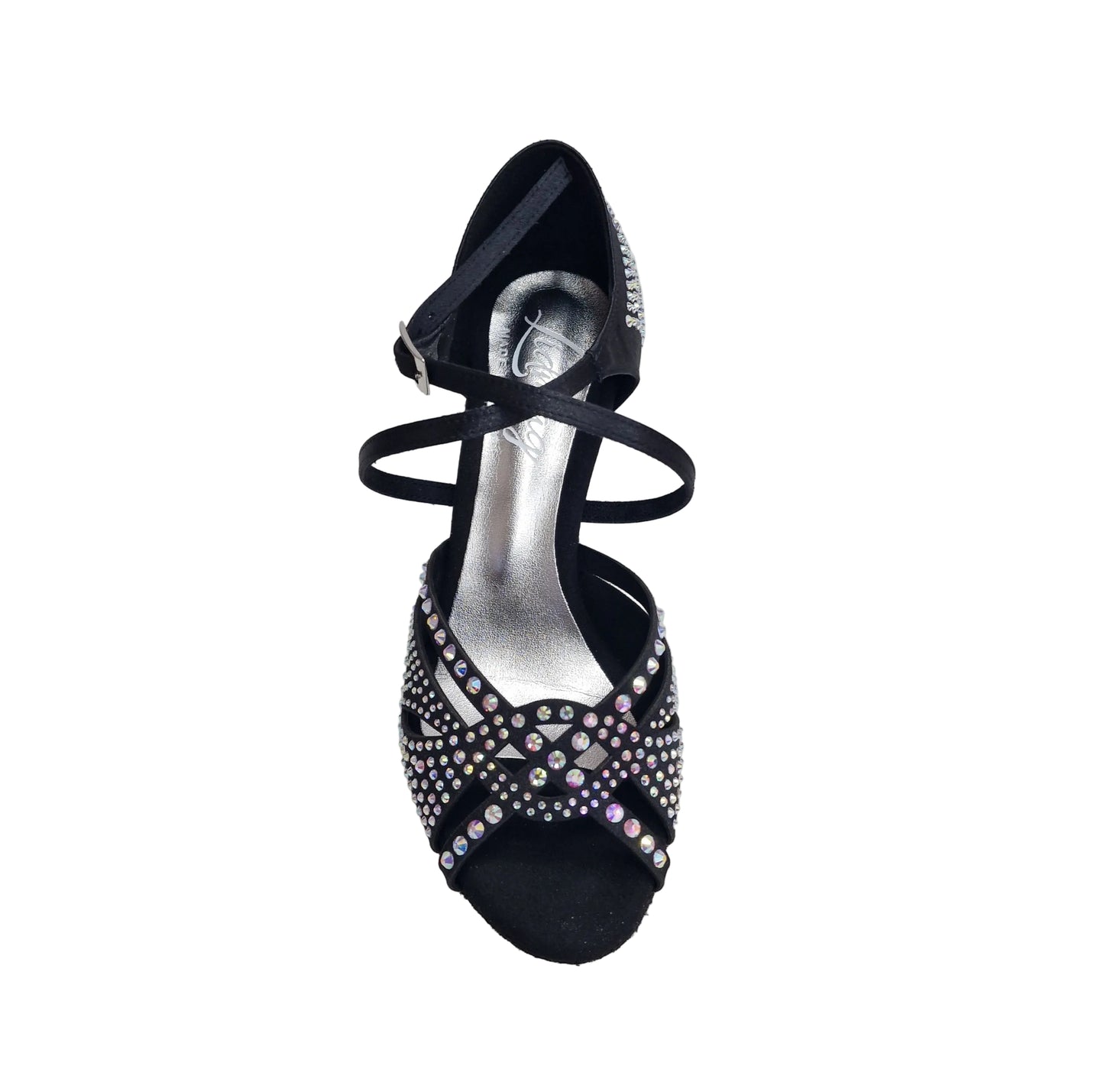 Scarpa da ballo Samira L19 in raso seta nero con Swarovski Boreali e tacco basso a rocchetto, Wish Dance Shop