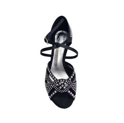 Scarpa da ballo Samira L19 in raso seta nero con Swarovski Boreali e tacco basso a rocchetto, Wish Dance Shop