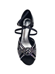 Carica immagine nella Galleria, SAMIRA (L19) - Scarpa da Ballo in Raso Seta Nero Con Swarovski Boreali e Tacco Basso a Rocchetto