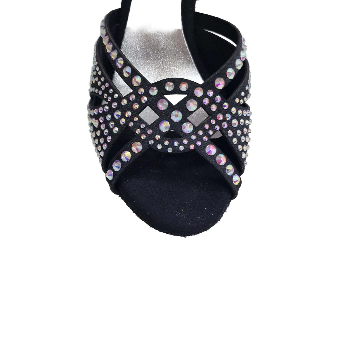 Scarpa da ballo SAMIRA (L19) in raso seta nero con Swarovski Boreali e tacco basso a rocchetto, Wish Dance Shop