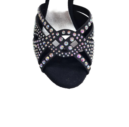 Scarpa da ballo SAMIRA (L19) in raso seta nero con Swarovski Boreali e tacco basso a rocchetto, Wish Dance Shop