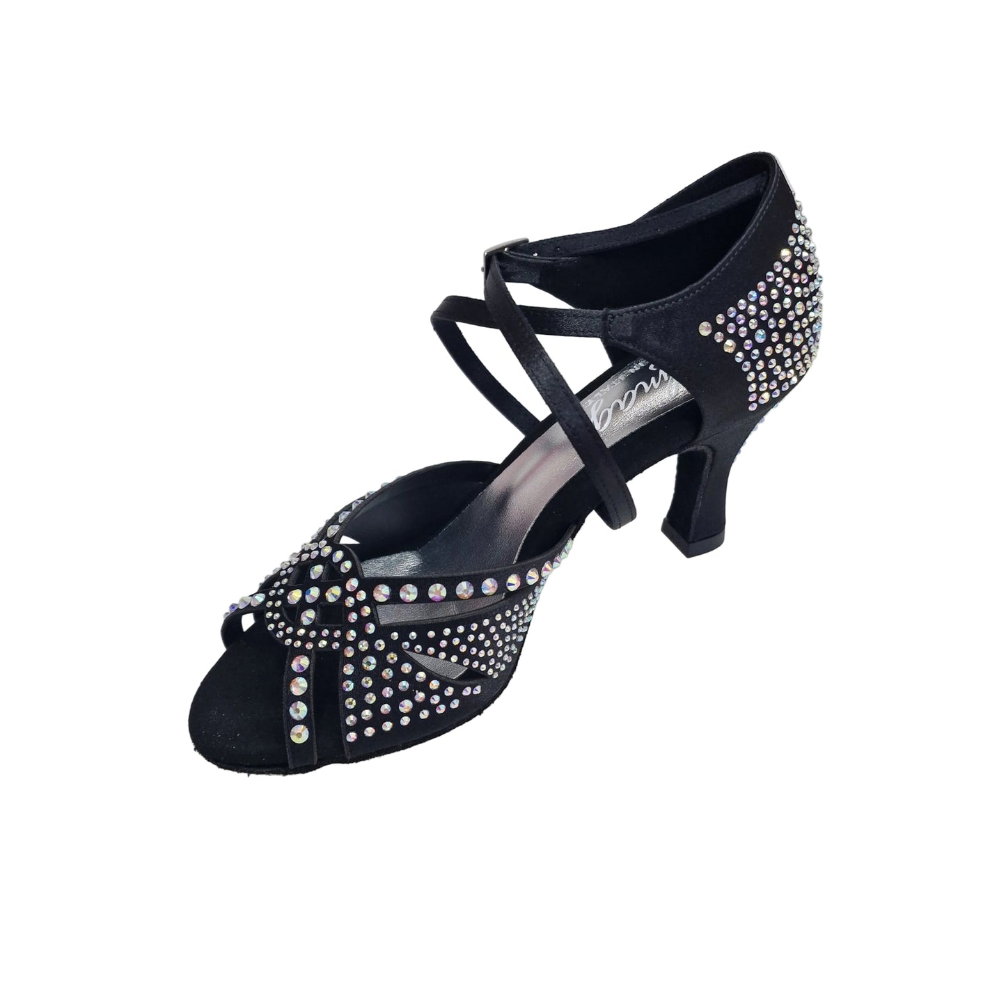 Scarpa da ballo SAMIRA (L19) in raso seta nero con Swarovski boreali e tacco basso a rocchetto, Wish Dance Shop