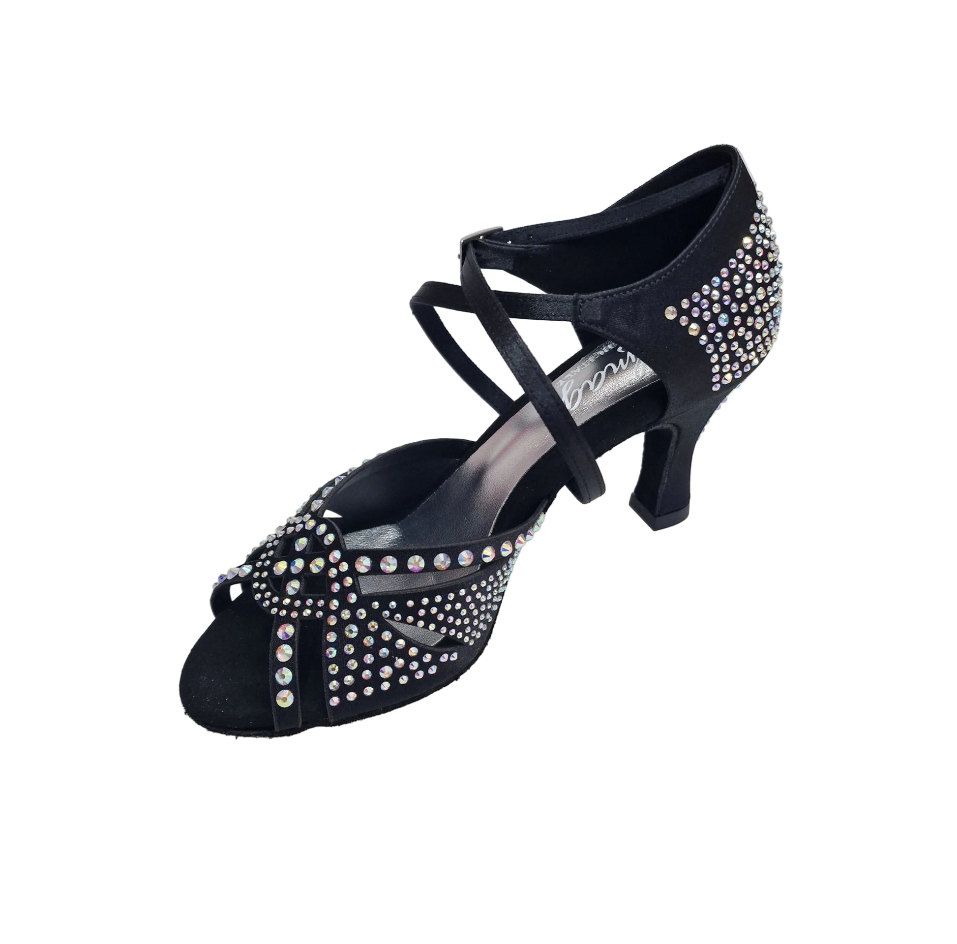 Scarpa da ballo SAMIRA (L19) in raso seta nero con Swarovski boreali e tacco basso a rocchetto, Wish Dance Shop