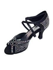 Carica immagine nella Galleria, SAMIRA (L19) - Scarpa da Ballo in Raso Seta Nero Con Swarovski Boreali e Tacco Basso a Rocchetto