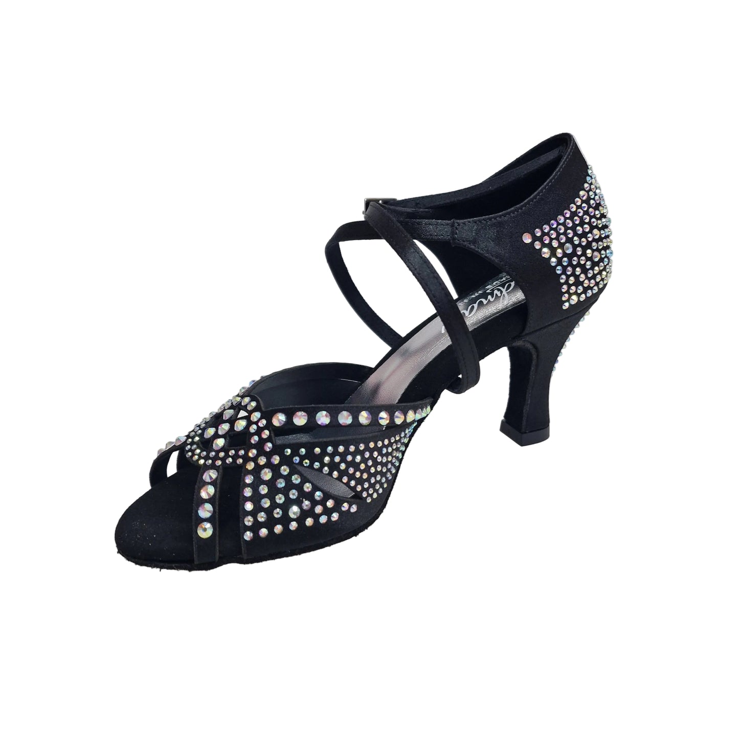 Scarpa da ballo SAMIRA (L19) in raso seta nero con Swarovski Boreali e tacco basso a rocchetto, Wish Dance Shop
